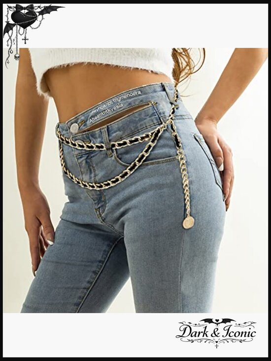 Layered Leather Waist Chain Belt for Dress Jeans